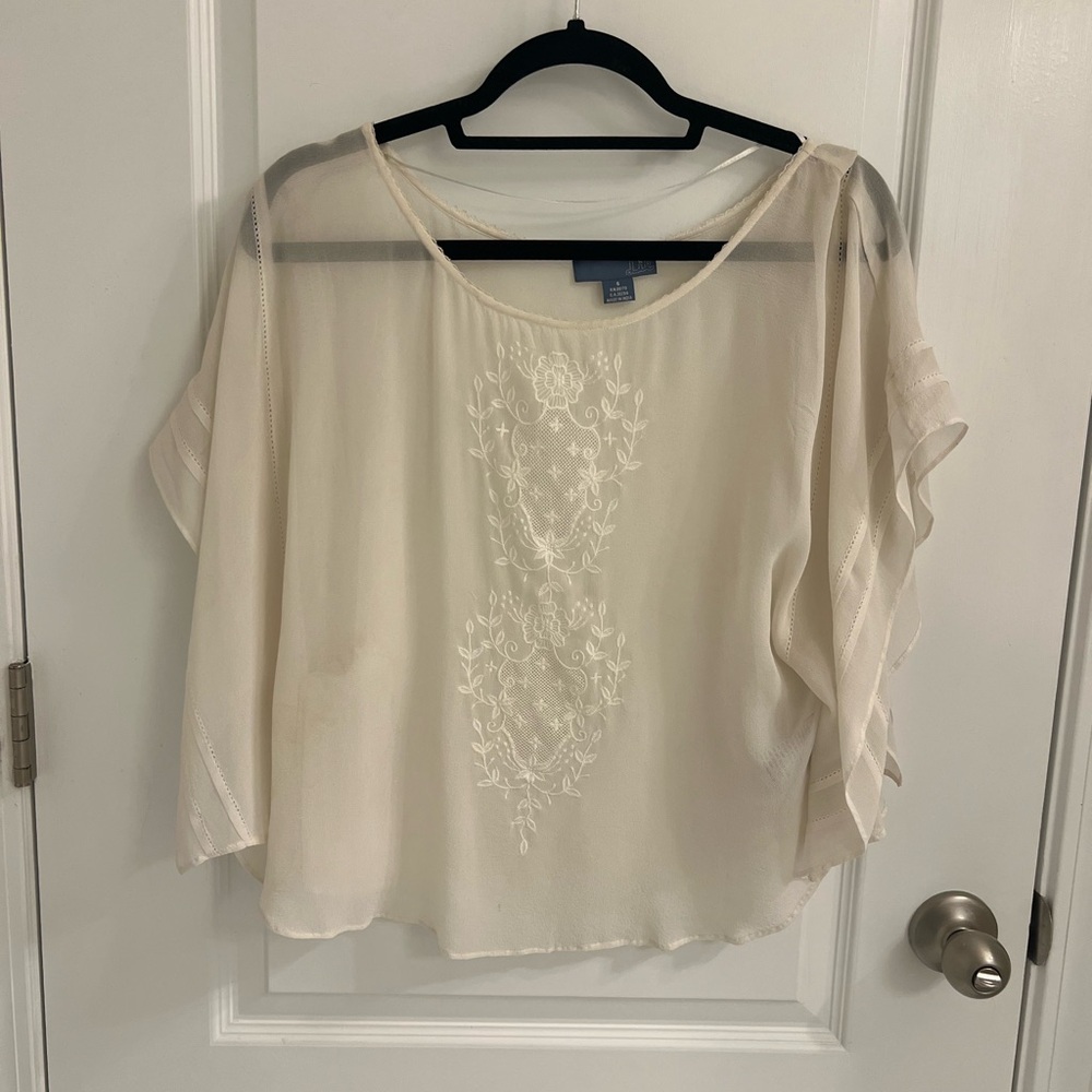 Anthropologie Cream Sheer Embroidered Blouse